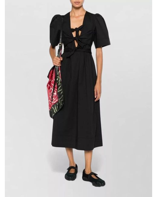 Ganni Black Organic Cotton Midi Dress Puff Sleeves Bow