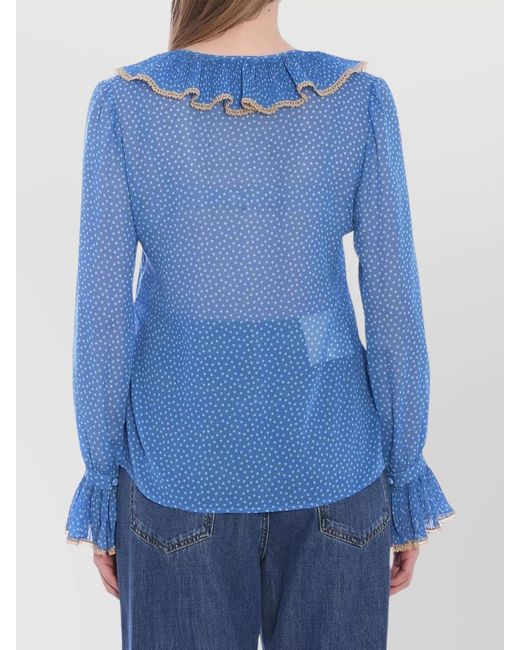 Valentino Garavani Blue Silk Printed V-Neck Blouse