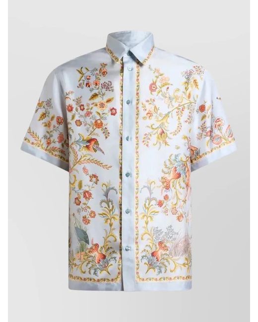 Etro White Silk Shirt Short Sleeves Floral Wildlife Collar for men