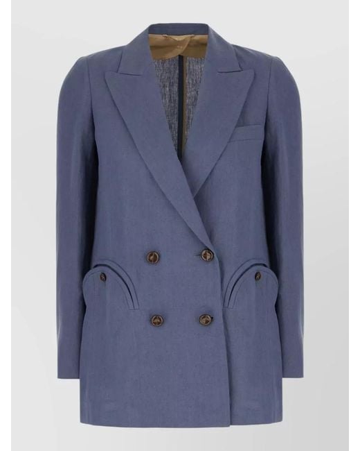 Blazé Milano Blue Linen Double Breasted Jacket Notch Lapels