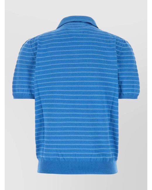 Miu Miu Blue Cotton Polo Shirt Striped Pattern Ribbed Hem