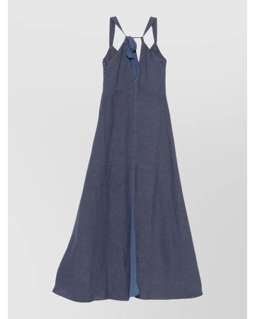 120% Lino Blue Linen Long Dress A Line V Neckline