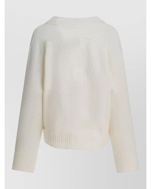 Loulou de Saison White Knit Top V Neckline Long Sleeves