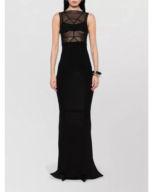 Rick Owens Black Long Dress High Slit Sheer Panels Sleeveless