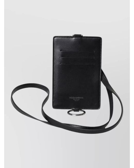 Dolce & Gabbana Black Calf Leather Lanyard Logo Card Holder Wallet for men