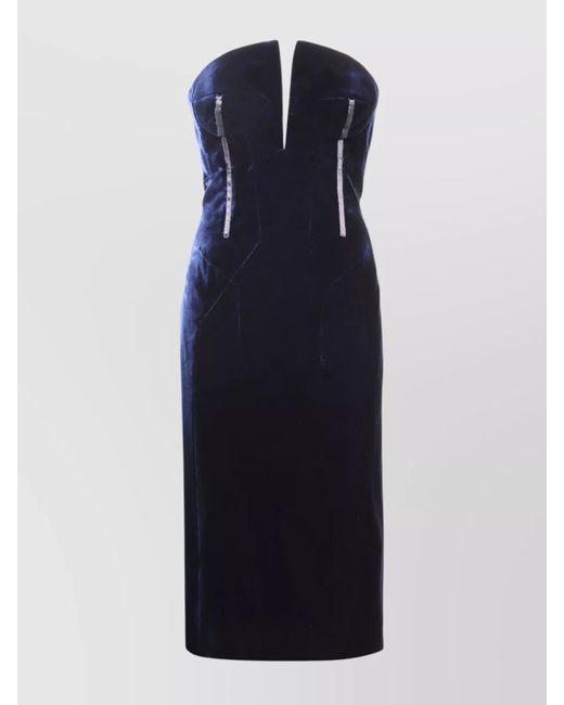 Tom Ford Blue Strapless Velvet Midi Dress With Structured Bodice