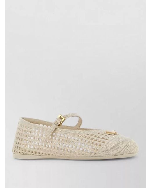 Prada Natural Crochet Ballerina Flats Mesh Buckle Detail