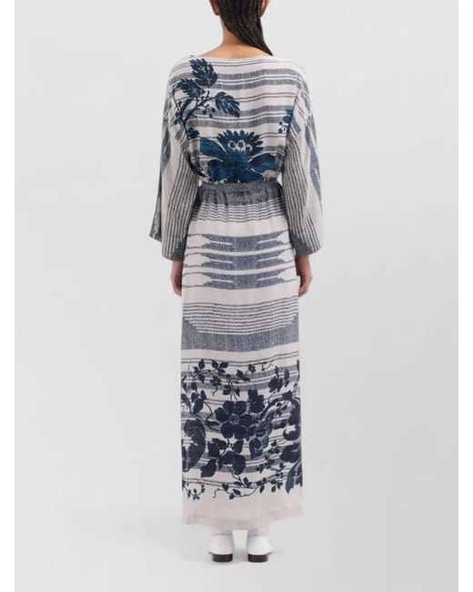 Pierre Louis Mascia Blue Silk Dress Belted Waist Floral Pattern