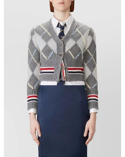 Thom Browne Gray Wool Argyle Chunky-Knit Cropped V-Neck Cardigan