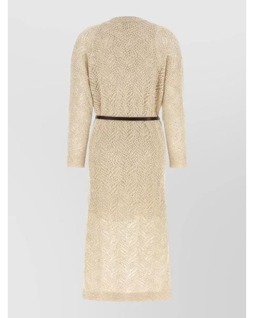 Brunello Cucinelli Natural Leaf Motif Knit Midi Dress Belted