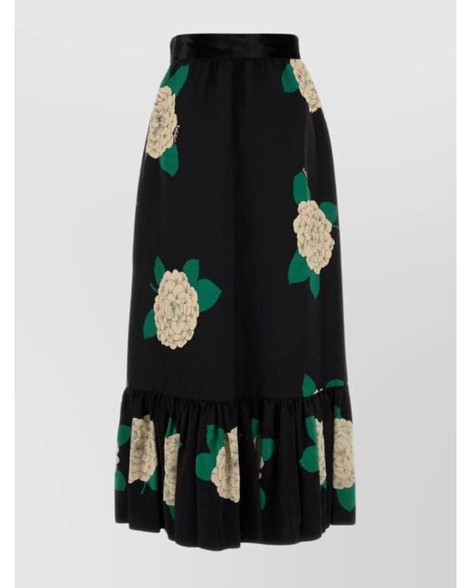 Valentino Garavani Black Floral Print High-Waisted Skirt Ruffled Hem