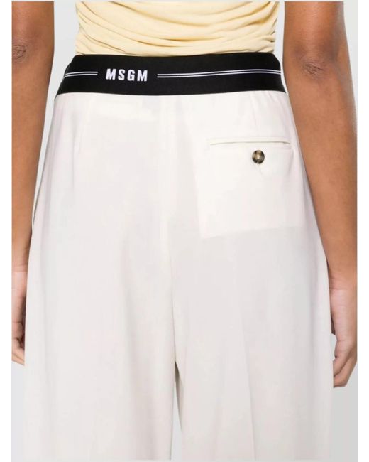 MSGM White Wool Wide-Leg Trousers