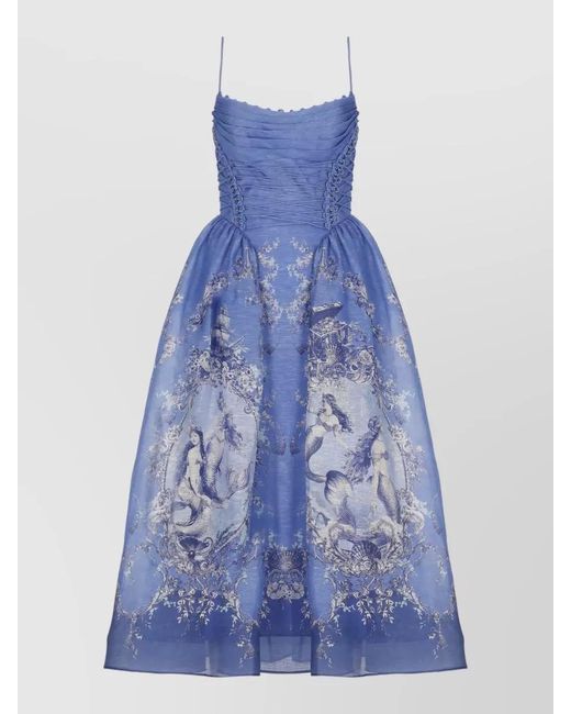 Zimmermann Blue Midi Dress Floral Pattern Lace Up