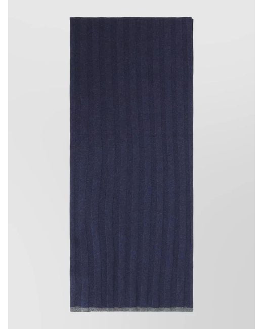 Brunello Cucinelli Blue Cashmere Scarf Lightweight Ribbed Knit Trim for men