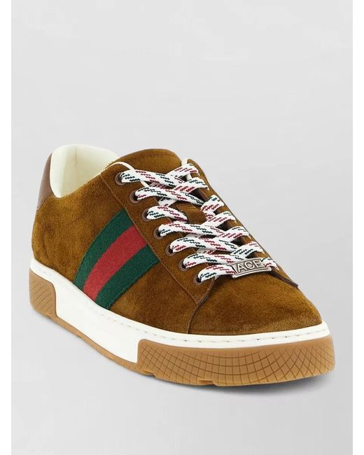 Gucci Brown Ace Suede Sneakers Nastro Web Detail for men