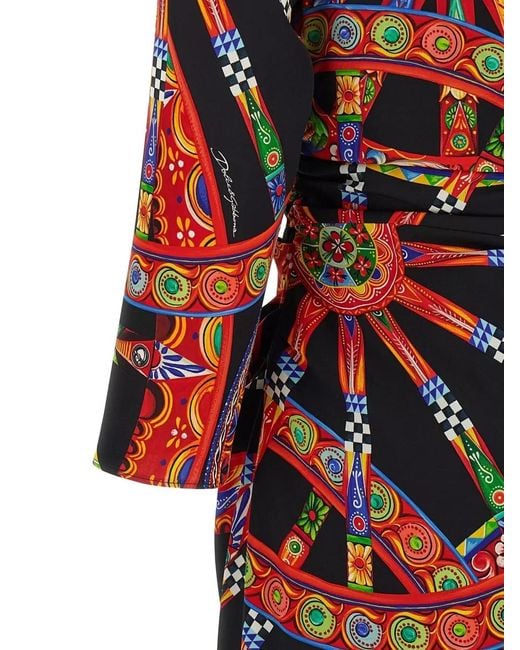 Dolce & Gabbana Red Carretto Dress Floral Geometric Long Sleeve Belt