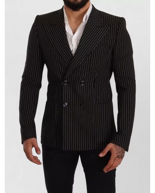 Dolce & Gabbana Black Wool Striped Slim-Fit Double-Breasted Blazer for men