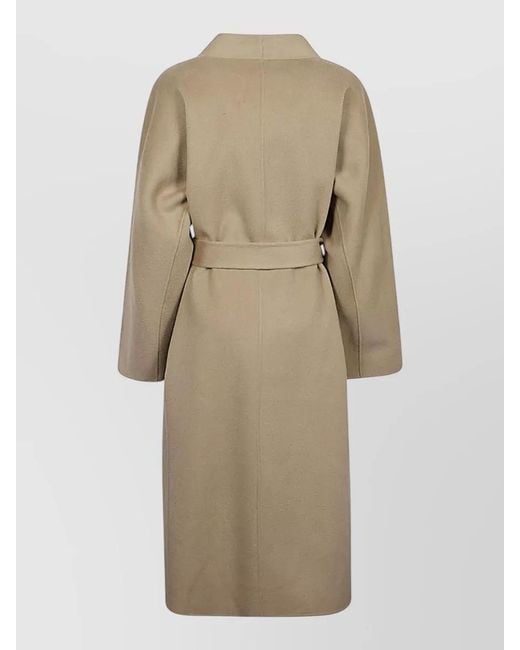 Sandbeige Natural Wool Midi Coat Mandarin Collar Belt