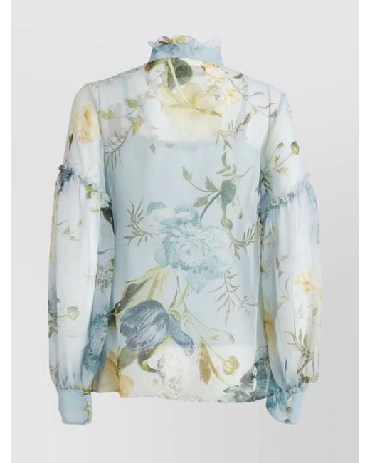 Erdem Blue Silk Floral Print Long Sleeve Blouse