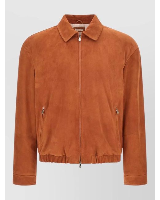 Brunello Cucinelli Orange Leather Elasticated Hem Bomber Jacket for men
