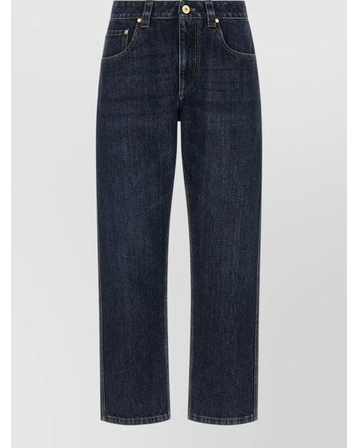 Brunello Cucinelli Blue Shiny Stitching Mid Waist Straight Leg Jeans