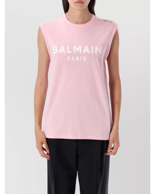 Balmain Pink Logo Button Crew Neck Sleeveless Top
