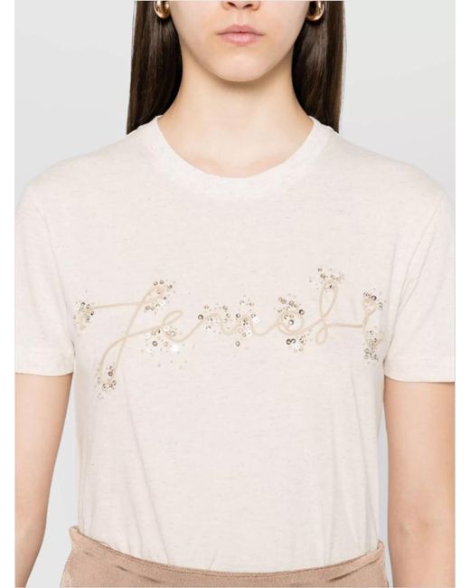 Fendi Natural Sequin Embellished Short Sleeve T-Shirt