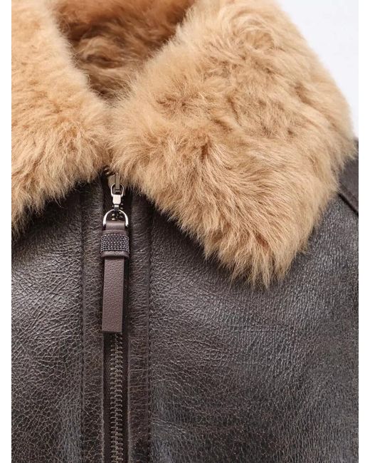 Brunello Cucinelli Gray Leather Jacket Shearling Collar Snap Pockets