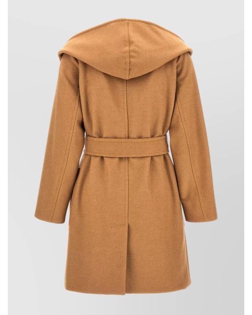 Max Mara Brown Camel Hair Hooded Belted Single Breasted Coat
