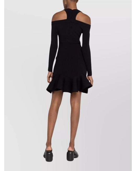 McQueen Black Ribbed-Knit Dress With Straps And Ruffles