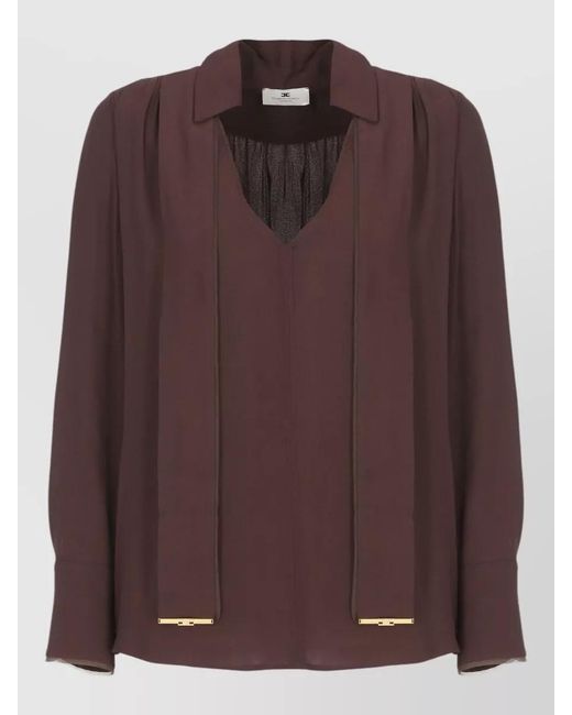 Elisabetta Franchi Brown V Neck Collar Blouse Long Sleeves Pleats