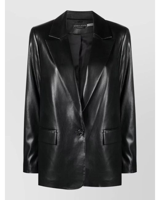 Alice + Olivia Black Tailored Faux Leather Blazer Single Breasted