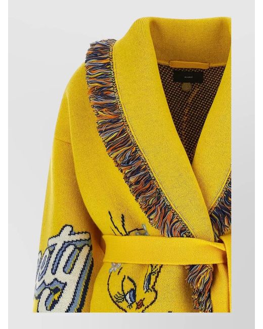 Alanui Yellow Virgin Wool Jacquard Belted Fringed Cardigan