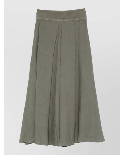 120% Lino Green Linen Midi Skirt High Waist Flare