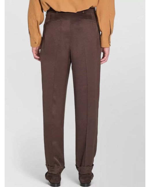 Saint Laurent Brown Silk Mid-Rise Wide-Leg Cuffed Tailored Trousers for men