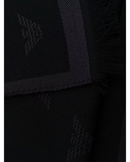 Emporio Armani Black Wool Logo-Embroidered Frayed Scarf for men
