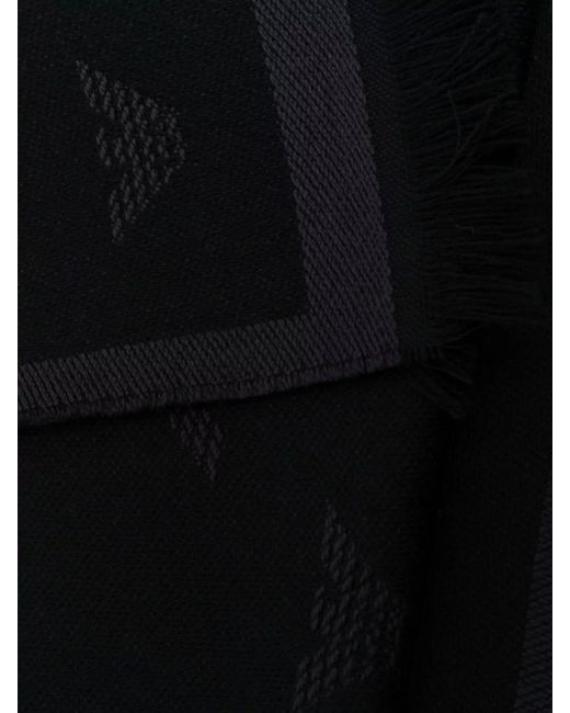 Emporio Armani Black Wool Logo Pattern Frayed Knit Scarf for men