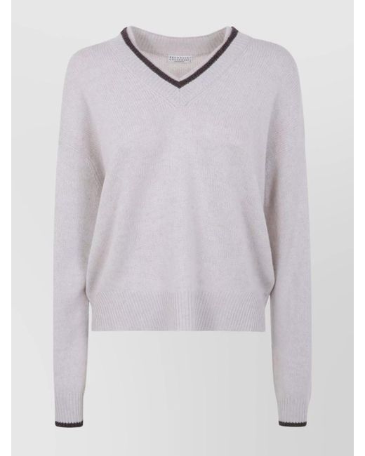 Brunello Cucinelli White Ribbed Cashmere V-Neck Sweater With Contrast Trim