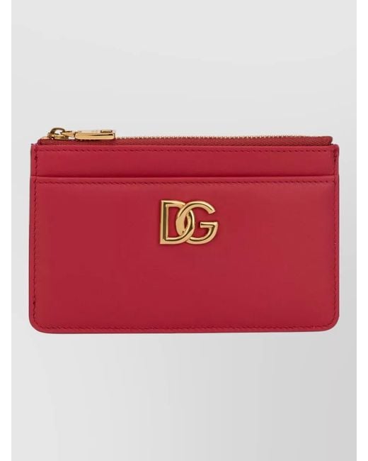 Dolce & Gabbana Red Leather Zip Card Holder Keychain