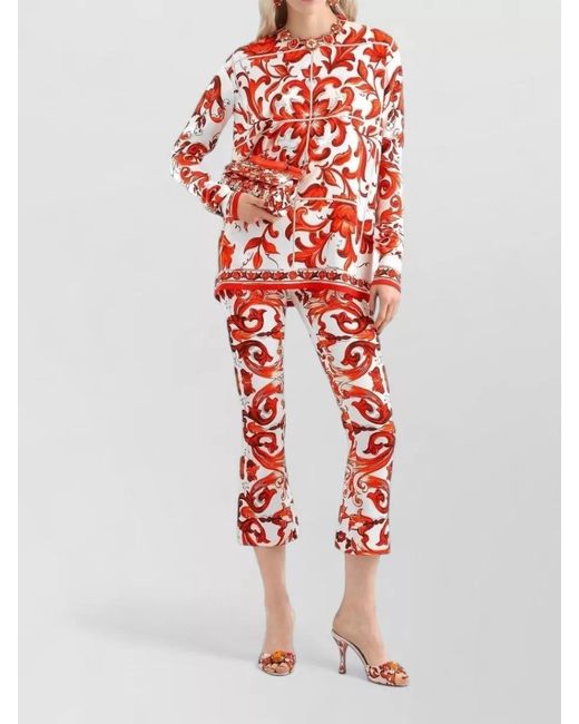 Dolce & Gabbana Red Maiolica Print High Waist Cropped Trousers