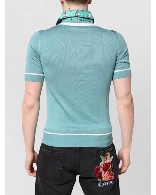 Dolce & Gabbana Green Knit Collared Short Sleeve V Neck Top for men