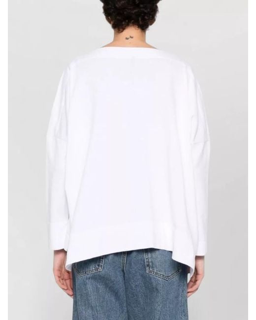 Daniela Gregis White Cotton Boat Neck Long Sleeve Asymmetric Hem Sweater