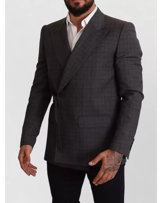 Dolce & Gabbana Gray Wool Checked Slim-Fit Double-Breasted Blazer for men