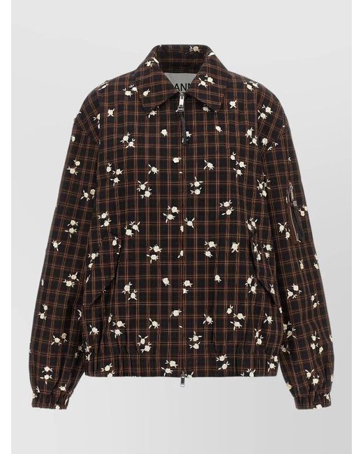 Ganni Black Check Flower Bomber Jacket Collared Hem