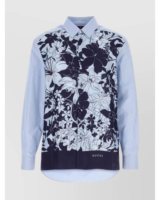 Gucci Blue Floral Satin And Poplin Long Sleeve Shirt for men