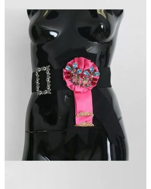 Dolce & Gabbana Black Crystal-Embellished Floral Brooch Belt