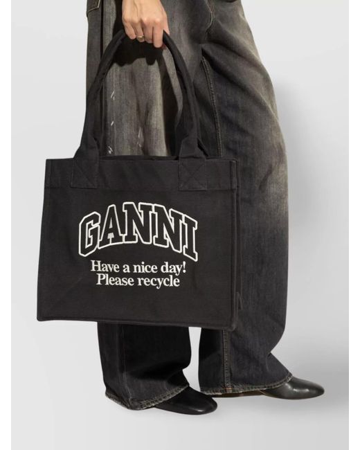 Ganni Black Cabas Large Canvas Tote Bag