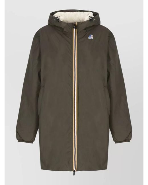 K-Way Green Hooded Down Jacket Elastic Cuffs Pockets