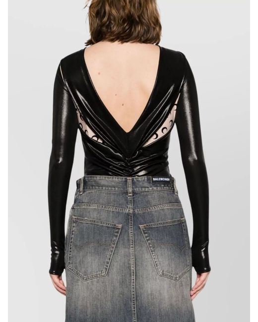 MARINE SERRE Black Draped Printed Viscose Bodysuit