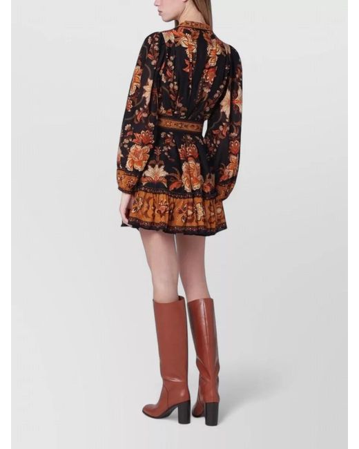 Farm Rio Red Floral Dress Belted Waist Long Sleeves